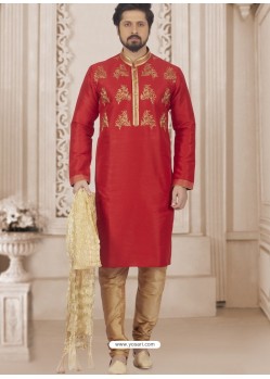 Red Art Banarasi Silk Embroidered Kurta Pajama