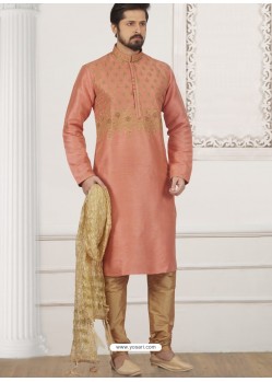 Peach Art Banarasi Silk Embroidered Kurta Pajama