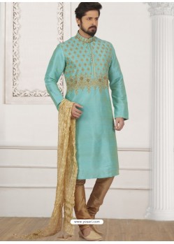 Turquoise Blue Art Banarasi Silk Embroidered Kurta Pajama