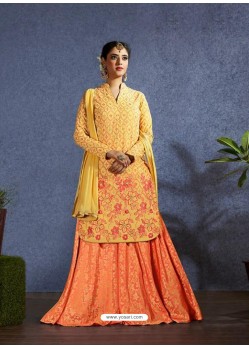 Yellow Muslin Resham Worked Lehenga Style Suit