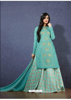 Aqua Mint Linen Satin Intricate Lehenga Style Suit