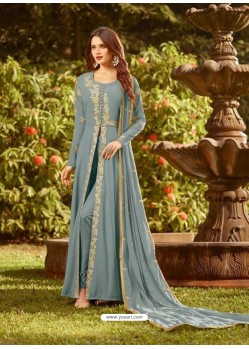 Aqua Grey Soft Georgette Embroidered Designer Anarkali Suit