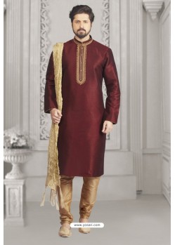 Wine Art Banarasi Silk Embroidered Kurta Pajama