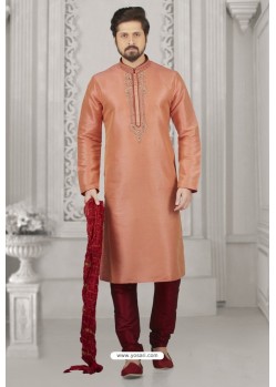 Peach Art Banarasi Silk Embroidered Kurta Pajama