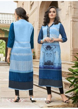 Sky Blue Poly Rayon Digital Printed Kurti