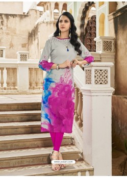 Light Grey And Pink Poly Rayon Digital Printed Kurti