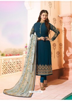 Tealblue Embroidered Georgette Designe Churidar Suit