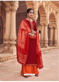 Maroon And Orange Satin Georgette Stone Embroidered Palazzo Suit