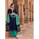 Navy And Mint Satin Georgette Stone Embroidered Palazzo Suit