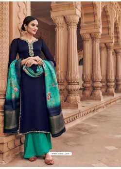 Navy And Mint Satin Georgette Stone Embroidered Palazzo Suit
