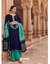 Navy And Mint Satin Georgette Stone Embroidered Palazzo Suit