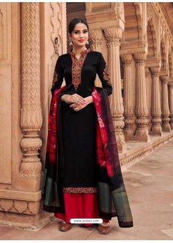 Black And Red Satin Georgette Stone Embroidered Palazzo Suit