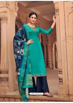 Teal And Blue Satin Georgette Stone Embroidered Palazzo Suit