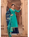 Teal And Blue Satin Georgette Stone Embroidered Palazzo Suit