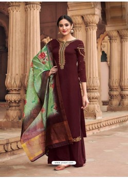 Wine Satin Georgette Stone Embroidered Palazzo Suit