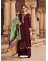 Wine Satin Georgette Stone Embroidered Palazzo Suit