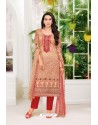 Light Red Pure Jam Satin Embroidered Straight Suit