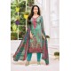 Teal Pure Jam Satin Embroidered Straight Suit