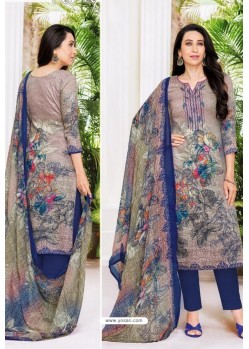 Taupe And Blue Pure Jam Satin Embroidered Straight Suit