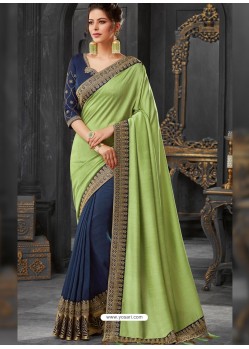 Green And Navy Silk Border Embroidered Designer Party Wear Saree