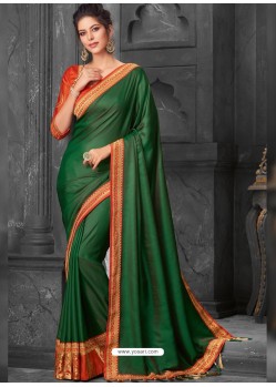 Dark Green Silk Border Embroidered Designer Party Wear Saree