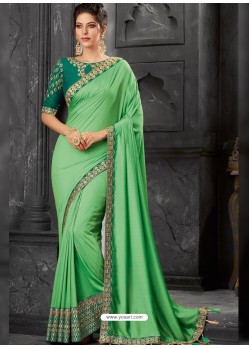 Jade Green Silk Border Embroidered Designer Party Wear Saree