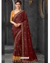 Wine Silk Border Embroidered Designer Party Wear Saree