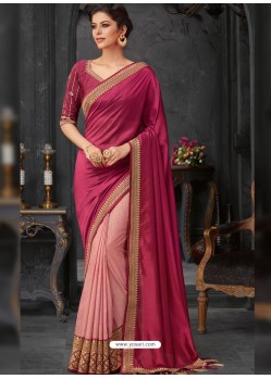 Rose Red Silk Border Embroidered Designer Party Wear Saree