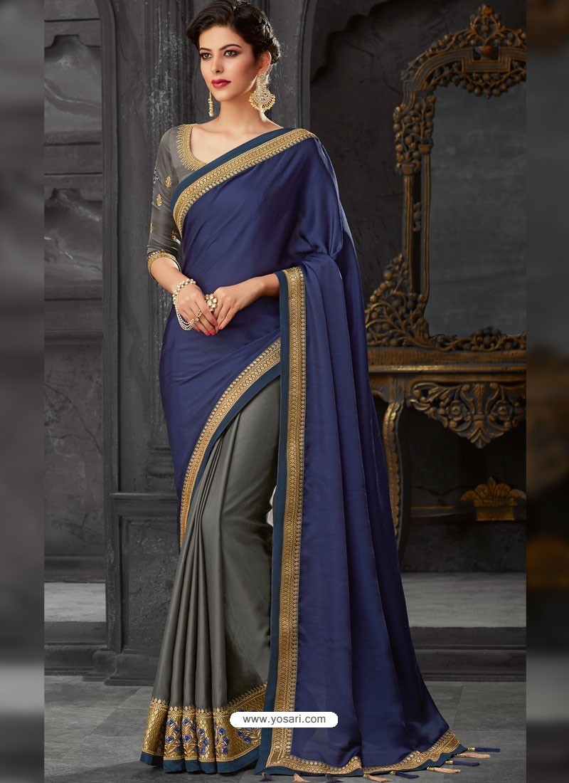 Buy Navy Blue Silk Border Embroidered Designer Party Wear Saree | Party ...