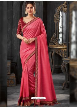 Hot Pink Silk Border Embroidered Designer Party Wear Saree