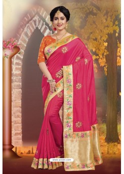 Crimson Silk Embroidered Designer Party Wear Saree