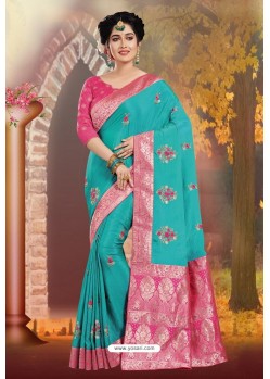 Turquoise Silk Embroidered Designer Party Wear Saree