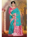 Turquoise Silk Embroidered Designer Party Wear Saree