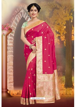 Rose Red Silk Embroidered Designer Party Wear Saree