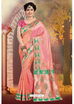 Peach Silk Embroidered Designer Party Wear Saree