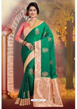 Dark Green Silk Embroidered Designer Party Wear Saree