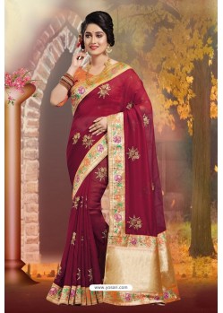 Maroon Silk Embroidered Designer Party Wear Saree