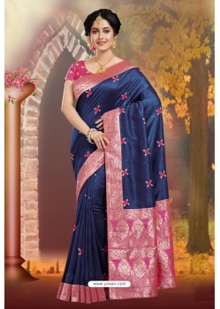 Navy Blue Silk Embroidered Designer Party Wear Saree