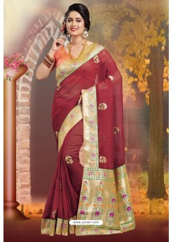 Stunning Maroon Silk Embroidered Designer Party Wear Saree