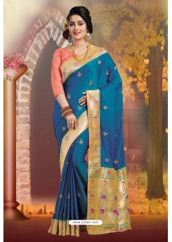 Tealblue Silk Embroidered Designer Party Wear Saree