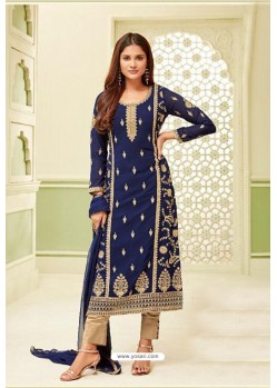 Navy And Beige Georgette Zari Worked Designer Straight Suit