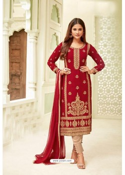 Maroon And Beige Georgette Zari Worked Designer Straight Suit