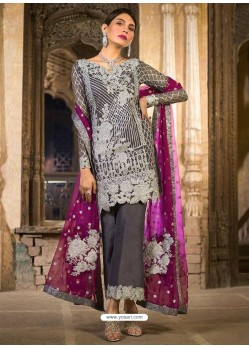 Grey Net Diamond Work Designer Straight Suit