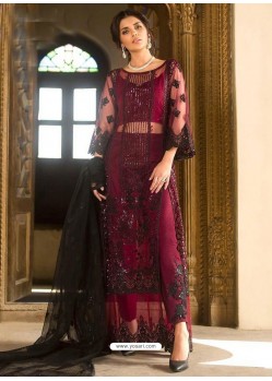 Maroon Net Diamond Work Designer Straight Suit