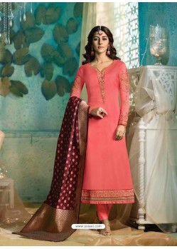 Dark Peach Satin Georgette Jacquard Worked Straight Suit