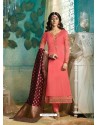 Dark Peach Satin Georgette Jacquard Worked Straight Suit