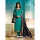 Teal Satin Georgette Jacquard Worked Straight Suit