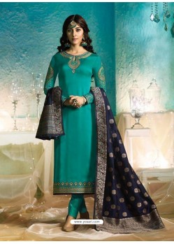 Teal Satin Georgette Jacquard Worked Straight Suit