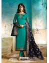 Teal Satin Georgette Jacquard Worked Straight Suit