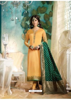 Yellow Satin Georgette Jacquard Worked Straight Suit